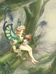  bad_id bad_pixiv_id blonde_hair braid butterfly_wings fairy female flask flower forest frog gameplay_mechanics head_wreath hiz ingway_(odin_sphere) insect_wings mercedes_(odin_sphere) nature odin_sphere onion photoshop_(medium) pointy_ears red_eyes round-bottom_flask sitting solo twin_braids wings 