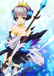  armor armored_dress bad_id bad_pixiv_id bare_shoulders boots choker collarbone crown detached_sleeves dress feather_hair_ornament feathers female grey_hair gwendolyn_(odin_sphere) hair_ornament low_wings mugi_(iccomae) odin_sphere photoshop_(medium) polearm purple_eyes short_hair smile solo spear strapless strapless_dress thigh_boots thighhighs weapon wings 