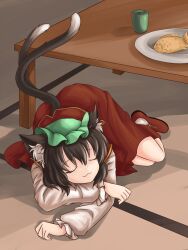  :3 absurdres animal_ears bad_id bad_pixiv_id brown_hair cat_ears cat_tail chen closed_eyes cup earrings female fish food hat highres jewelry lying multiple_tails nanairo plate sleeping solo table tail taiyaki touhou wagashi 