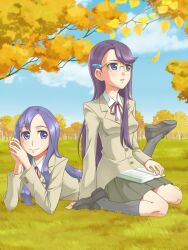  2girls autumn black_footwear blazer blue_eyes blue_sky breasts brown_jacket buttoned_cuffs buttons closed_mouth collared_shirt commentary_request day elbow_rest forest full_body glasses grey_skirt grey_socks hair_ornament hairclip heartcatch_precure! jacket kurumi_momoka lapels leaf loafers long_hair long_sleeves looking_afar looking_at_viewer lying multiple_girls myoudou_gakuen_high_school_uniform nature neck_ribbon nishiwaki notched_lapels on_grass on_ground on_stomach outdoors parted_lips pleated_skirt precure purple_eyes purple_hair red_ribbon ribbon school_uniform shirt shoes sitting skirt sky smile socks tree tsukikage_yuri wariza white_shirt 