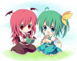  2girls :&lt; :d ahoge ascot bad_id bad_pixiv_id bat_wings blue_eyes book chibi commentary_request daiyousei dress_shirt fairy_wings flower green_eyes green_hair hair_ribbon head_wings holding holding_book koakuma long_hair long_sleeves multiple_girls necktie open_book open_mouth reading red_eyes red_hair ribbon shirt side_ponytail sitting skirt skirt_set smile touhou vest wings yukimiya_(parupunta) 