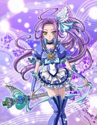  blue_choker blue_skirt blue_thighhighs boots brooch choker commentary_request cure_beat dress earrings eyelashes female frills g-clef_(suite_precure) heart jewelry kurokawa_eren long_hair love_guitar_rod magical_girl mikonon musical_note precure purple_background purple_hair ribbon seiren_(suite_precure) side_ponytail skirt smile solo staff_(music) suite_precure thigh_boots thighhighs very_long_hair wand yellow_eyes zettai_ryouiki 