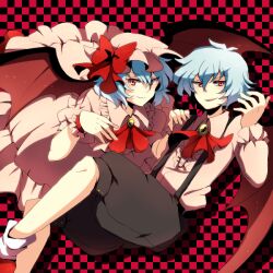  1boy akasata ascot bad_id bad_pixiv_id bat_wings blue_hair brooch checkered_background dual_persona female genderswap_(ftm) hat jewelry pants red_eyes remilia_scarlet rule_63 suspenders touhou wings wrist_cuffs 