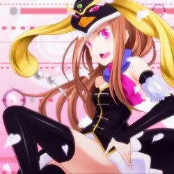  animal_hat bare_shoulders black_thighhighs brown_hair commentary_request detached_sleeves female hat heart highres laco_soregashi long_hair long_legs mawaru_penguindrum open_mouth photoshop_(medium) pink_eyes princess_of_the_crystal skirt solo takakura_himari thighhighs 