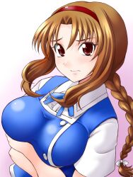  braid breasts brown_eyes brown_hair crossed_arms d-frag! female gradient gradient_background hairband large_breasts long_hair school_uniform solo takao_(d-frag!) yaso_shigeru 