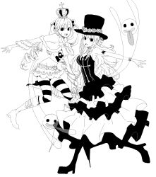  bangs bare_shoulders belt black_eyes boots bow braid crown curly_hair dress dual_persona female female flower flying full_body fur_trim ghost greyscale hat high_heel_boots high_heels highres jolly_roger long_hair looking_at_viewer mini_crown monochrome naruto_maki one_piece perona rose sabaody_archipelago short_cape skirt striped striped_legwear tattoo thriller_bark time_paradox top_hat twintails umbrella watch wristwatch 