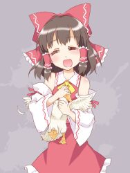  :d bare_shoulders bird bow brown_hair closed_eyes commentary_request detached_sleeves duck feathers female hair_tubes hairbow hakurei_reimu happy highres kairakuen_umenoka open_mouth red_bow short_hair smile solo touhou 