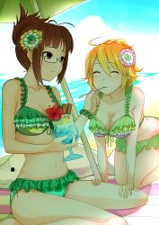  2girls akizuki_ritsuko all_fours bad_id bad_pixiv_id beach bikini blonde_hair blue_hawaii brown_eyes brown_hair closed_eyes day dolphin drink feeding flower folded_ponytail frilled_bikini frills glasses hair_ornament hibiscus highres hoshii_miki idolmaster idolmaster_(classic) idolmaster_2 inflatable_toy minatsuki_randoseru multiple_girls shade swimsuit tropical_drink vivid_bikini_(idolmaster) 