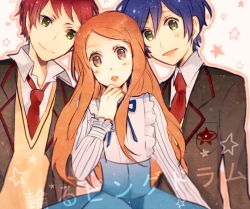  2boys bad_id bad_pixiv_id blazer blue_hair blush bow brown_eyes copyright_name female green_eyes jacket long_hair mawaru_penguindrum mentaishi multiple_boys necktie open_mouth orange_hair red_hair school_uniform siblings skirt smile star_(symbol) sweater takakura_himari takakura_kanba takakura_shouma teeth 