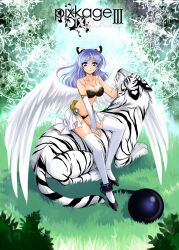  angel_wings ankle_cuffs ball_and_chain_restraint blue_eyes blue_hair bow bra breasts cleavage commentary_request female hairbow highres kanna_(plum) large_breasts lingerie long_hair md5_mismatch pixiv_shadow resolution_mismatch sitting smile solo source_larger thighhighs tiger underwear white_thighhighs white_tiger wings 