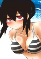  bad_id bad_pixiv_id bare_shoulders bikini black_hair blush breasts cleavage collarbone female konohana_saku large_breasts ocean original red_eyes short_hair solo striped_bikini striped_clothes swimsuit 