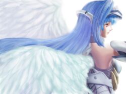  android angel_wings blue_hair commentary_request derivative_work female indesign kos-mos long_hair red_eyes simple_background solo wings xenosaga xenosaga_episode_i 