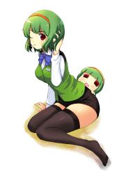  2girls adjusting_hair bad_id bad_pixiv_id black_legwear bob_cut breasts chibi commentary_request green_hair headset idolmaster idolmaster_(classic) medium_breasts miniskirt mole mole_under_mouth multiple_girls office_lady one_eye_closed onion_(lemlaml) otonashi_kotori painttool_sai_(medium) pencil_skirt piyopiyo puchimasu! red_eyes ringed_eyes short_hair sitting skindentation skirt smile thighhighs vest zettai_ryouiki 