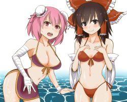  2girls bad_id bad_pixiv_id bandages bikini bikini_top_only blush bow breasts brown_eyes brown_hair bun_cover commentary_request detached_sleeves double_bun hair_bun hair_tubes hairbow hakurei_reimu hands_on_own_chest ibaraki_kasen large_breasts medium_breasts multiple_girls open_mouth pink_eyes pink_hair red_bikini side-tie_bikini_bottom single_hair_bun skirt smile swimsuit touhou water zetsumame 