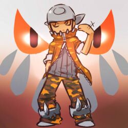  1boy bandana brown_hair camouflage hand_in_pocket heatran hitec male_focus motion_lines orange_eyes personification pokemon solo unzipped 