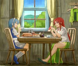  2girls blue_dress blue_eyes blue_hair braid bread bread_slice breakfast cake chair clothes_hanger commentary_request cup curtains dress fence food hong_meiling indoors izayoi_sakuya jam long_hair maid mountain multiple_girls open_mouth red_eyes red_hair shibasaki_shouji shirt short_hair side_slit sitting skirt smile table teacup teapot toast touhou tree twin_braids window 