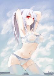  adjusting_hair armpits arms_behind_head arms_up artist_name bandeau bra breasts cleavage cloud commentary_request day female large_breasts lingerie long_hair navel panties ponytail rain_lan red_eyes shiny_skin skindentation sky solo thighhighs underwear vocaloid wading water water_drop wet wet_clothes white_bra white_hair white_panties white_thighhighs yowane_haku 