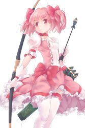  absurdres arrow_(projectile) bad_id bad_pixiv_id bow bow_(weapon) choker female frilled_thighhighs frills gloves hair_ribbon highres kaname_madoka kaname_madoka_(magical_girl) leung_ka_che magical_girl mahou_shoujo_madoka_magica mahou_shoujo_madoka_magica_(anime) pink_eyes pink_hair ribbon short_hair short_twintails simple_background solo thighhighs twintails weapon white_thighhighs 