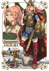  armor bad_id bad_pixiv_id belt blue_eyes braid breasts cape celtic city female fur gaul genderswap_(mtf) helm helmet highres jewelry knife large_breasts necklace photoshop_(medium) pink_hair real_life rule_63 sheath shield skirt solo sword vercingetorix weapon yasuda_akira 