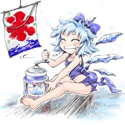  ^_^ bad_feet barefoot blue_hair blush bowl cirno closed_eyes commentary_request female flag food grin hair_ribbon ice_shaver kooribata lolicon midriff nanashii_(soregasisan) navel ribbon shaved_ice shirt short_hair sitting skirt skirt_set smile snowflakes solo touhou wings 