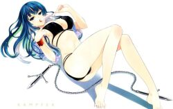  barefoot bikini black_bikini blue_eyes blue_hair bracelet breasts chains cleavage covered_nipples female food imageboard_desourced jewelry jpeg_artifacts kampfer large_breasts long_hair lying midriff navel non-web_source on_back popsicle sangou_shizuku sexually_suggestive solo swimsuit sword tachibana_yuu weapon 