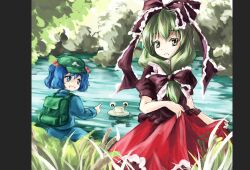  2girls backpack bad_id bad_pixiv_id bag blue_eyes blue_hair blush bow dress frills front_ponytail grass green_eyes green_hair hair_bobbles hair_ornament hairbow hat kagiyama_hina kawashiro_nitori long_hair moriya_suwako multiple_girls nature nishigyou_teraa open_mouth pyonta ribbon river short_hair smile touhou tree two_side_up water 