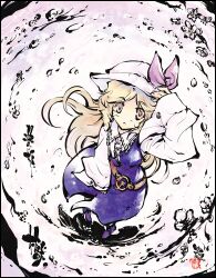  belt blonde_hair calligraphy commentary_request female flower from_above hand_on_headwear kanji long_hair looking_up photoshop_(medium) solo standing tokiame touhou watatsuki_no_toyohime 