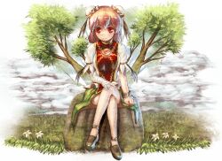  bandages bun_cover chinese_clothes cloud commentary_request crossed_legs cuffs double_bun female flower hair_bun ibaraki_kasen pink_flower pink_hair pink_rose red_eyes rock rose sakimori_dan shackles short_hair sitting skirt smile solo touhou tree 