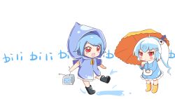  2girls ahoge aqua_hair bili_girl_22 bili_girl_33 bilibili blue_hair blush_stickers boots chibi hair_ornament hair_ribbon highres hood hoodie mascot multiple_girls no_nose raincoat ribbon side_ponytail television umbrella xiaoyou_uuu 