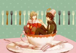  barnaby_brooks_jr blonde_hair boots brown_eyes brown_hair coffee cup facial_hair food fork glasses green_eyes hat kaburagi_t_kotetsu kumayu male_focus multiple_boys necktie pot saucer sitting spoon stubble teacup tiger_&amp;_bunny vest 