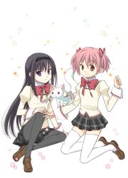  2girls akemi_homura bow commentary_request hair_ribbon hairband hairbow kaname_madoka kyuubee long_hair mahou_shoujo_madoka_magica mahou_shoujo_madoka_magica_(anime) mitakihara_school_uniform multiple_girls pantyhose ribbon school_uniform short_twintails takigawa_yuu thighhighs twintails zettai_ryouiki 