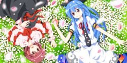  2girls alternate_hair_color ascot blue_hair cherry_blossoms commentary_request food frills fruit hat hat_on_chest hinanawi_tenshi long_hair lying multiple_girls nagae_iku open_mouth peach petals purple_hair rotational_symmetry ruu_(tksymkw) shawl short_hair smile touhou unworn_hat unworn_headwear 