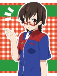  bad_id bad_pixiv_id brown_eyes brown_hair circle_k_sunkus employee_uniform female glasses ikari_manatsu k-on! manabe_nodoka photoshop_(medium) red-framed_eyewear semi-rimless_eyewear short_hair solo under-rim_eyewear uniform upper_body 