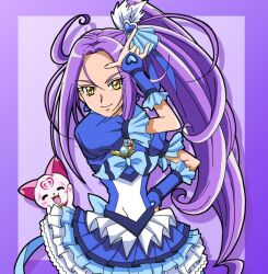  \m/ ^_^ bad_id bad_pixiv_id blue_skirt brooch closed_eyes cure_beat dress earrings eyelashes feline female frills fukushima_masaru hair_ornament hairpin hand_on_own_hip heart hummy_(suite_precure) jewelry kurokawa_eren long_hair magical_girl precure purple_hair ribbon seiren_(suite_precure) side_ponytail skirt smile solo_focus suite_precure yellow_eyes 