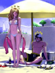  1boy barefoot beach beard bikini blonde_hair blush bottle breasts brown_eyes brown_hair cabbie_hat commentary_request day facial_hair feet female grin hat kaburagi_t._kotetsu karina_lyle long_hair male_swimwear medium_breasts o-ring o-ring_bottom o-ring_top parasol pepsi pepsi_nex product_placement sandals shade short_hair shorts sideboob smile stubble swim_trunks swimsuit tiger_&amp;_bunny umbrella wakino_keibun 