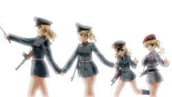  4girls ak-47 assault_rifle beret blonde_hair blue_eyes boots bundeswehr commentary cross drill_hair east_german german_text gun h&amp;k_mp5 hat heckler_&amp;_koch highres holding_hands iron_cross kalashnikov_rifle long_hair military military_uniform mizuki_(mizuki_ame) mp18 mp40 multiple_girls nationale_volksarmee no_pants nva_uniform open_mouth original peaked_cap photoshop_(medium) pointing ponytail ranguage reichswehr rifle short_hair sleeves_past_wrists smile submachine_gun uniform weapon wehrmacht 