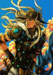  1boy armband beard belt blue_eyes cloud commentary_request facial_hair fur grey_hair gyro_zeppeli hat jojo_no_kimyou_na_bouken long_hair mahito_(tranjistor) male_focus photoshop_(medium) solo steel_ball_(jojo) steel_ball_run upper_body wristband 