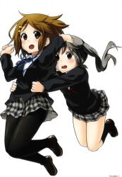  2girls :d black_footwear black_hair black_jacket black_pantyhose black_socks blazer blush brown_eyes brown_hair collared_shirt full_body grey_skirt hair_ornament hairclip hirasawa_yui hug hug_from_behind jacket jumping k-on! kakifly kneehighs legs_together loafers long_hair long_sleeves looking_at_viewer multiple_girls nakano_azusa open_mouth pantyhose plaid plaid_skirt red_ribbon ribbon sakuragaoka_high_school_uniform school_uniform shirt shoes short_hair simple_background skirt smile socks twintails white_background white_shirt wing_collar 