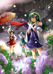  3girls ascot blue_hair blush bobby_socks cellphone commentary_request detached_sleeves dress_shirt flower full_body geta green_eyes green_hair hair_ornament hair_tubes hydrangea karakasa_obake kazami_yuuka kochiya_sanae long_hair mary_janes multiple_girls one_eye_closed petals phone photoshop_(medium) plaid plaid_skirt plaid_vest rain shirt shoes short_hair skirt skirt_set smile snake socks tatara_kogasa tongue touhou umbrella usuusu vest yellow_eyes 