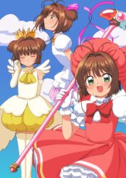  antenna_hair blush brown_hair cardcaptor_sakura closed_eyes cloud commentary_request crown dress elbow_gloves female fuuin_no_tsue gloves green_eyes hat kinomoto_sakura kinomoto_sakura_(magic_dream_costume) kinomoto_sakura_(platinum_star_dress) kinomoto_sakura_(winged_egg_crown_costume) kuri_youkan magical_girl montage multiple_persona open_mouth pink_hat short_hair sky smile thighhighs wand white_gloves 