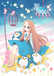  :o animal bandaid bird birdcage blush bow bug butterfly cage commentary female flower highres konatsu_miyu long_hair mawaru_penguindrum open_mouth orange_hair penguin penguin_1-gou penguin_2-gou penguin_3-gou pink_eyes sitting skirt star_(symbol) takakura_himari 