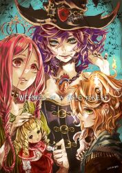  2011 3girls blonde_hair blood blue_eyes breasts cleavage commentary_request crown doll green_eyes hat heart_(organ) hys122211 jewelry medium_breasts multiple_girls nail_polish necklace original purple_hair red_eyes red_hair short_hair signature witch witch_hat 