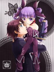  1boy alternate_costume alternate_hairstyle asbel_lhant asbel_lhant_(eyepatch_+_black_suit) bare_shoulders black_gloves blue_eyes carrying choker commentary_request couple curly_hair female formal gloves hair_ribbon kogito long_hair official_alternate_costume photoshop_(medium) profile purple_eyes purple_hair purple_legwear red_choker red_hair ribbon scabbard sheath shoes sophie_(gothic_lolita)_(tales) sophie_(tales) straight suit tales_of_(series) tales_of_graces thighhighs twintails 