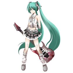  alternate_costume aqua_eyes aqua_hair bad_id bad_pixiv_id bare_shoulders belt detached_collar detached_sleeves electric_guitar female garter_straps guitar hair_ribbon hatsune_miku highres ibanez instrument jewelry kuromayu leg_warmers long_hair midriff navel necktie photoshop_(medium) ribbon ring simple_background skirt solo thighhighs twintails very_long_hair vocaloid whammy_bar 