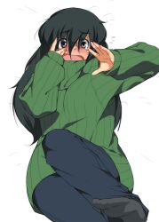  aiba-tsukiko black_hair blush brown_eyes commentary_request female glasses green_sweater long_hair open_mouth original pants photoshop_(medium) shirt simple_background socks solo sweater tears 