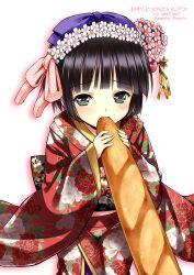  ayakawa_riku baguette black_hair bread commentary_request female floral_print flower food green_eyes hair_flower hair_ornament ikoku_meiro_no_croisee japanese_clothes kimono photoshop_(medium) red_kimono sexually_suggestive short_hair solo yune_(ikoku_meiro_no_croisee) 