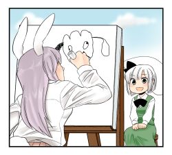  2girls animal_ears blush_stickers bow canvas_(object) child&#039;s_drawing commentary_request drawing easel from_behind ghost grey_eyes hairbow konpaku_youmu konpaku_youmu_(ghost) koyama_shigeru light_purple_hair multiple_girls okaasan_to_issho rabbit_ears rabbit_tail reisen_udongein_inaba sitting spoo tail touhou v_arms white_hair 