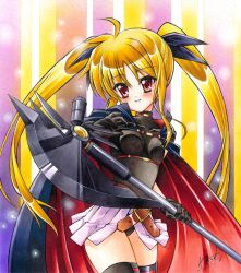  axe bad_id bad_pixiv_id bardiche_(axe_form)_(nanoha) bardiche_(nanoha) belt belt_buckle black_gloves black_leotard blonde_hair breasts buckle fate_testarossa fate_testarossa_(movie_1st_form) female gloves holding holding_weapon leotard long_hair looking_at_viewer lyrical_nanoha magical_girl mahou_shoujo_lyrical_nanoha mahou_shoujo_lyrical_nanoha_the_movie_1st photoshop_(medium) red_eyes shikishi showgirl_skirt solo thighhighs traditional_media twintails weapon yuto_takumi 