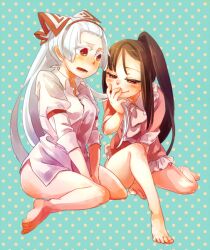  2girls alternate_hairstyle barefoot blush bottomless brown_eyes brown_hair colored_eyelashes commentary_request dress_shirt feet forehead fujiwara_no_mokou grabbing_another&#039;s_hair houraisan_kaguya long_hair mafuyu_hemp multiple_girls naked_shirt naughty_face no_panties no_pants ponytail red_eyes shirt sitting smelling smelling_hair smile touhou v_arms white_shirt 