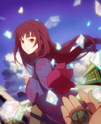  absurdres ball blackcat_enjia blue_sky brown_eyes brown_hair closed_mouth commentary_request female glass_shards highres holding holding_ball japanese_clothes kimono long_hair looking_at_viewer oikawa_nazuna outdoors pov purple_kimono sky solo_focus sparkle train uchiage_hanabi_shita_kara_miru_ka?_yoko_kara_miru_ka? wide_sleeves 
